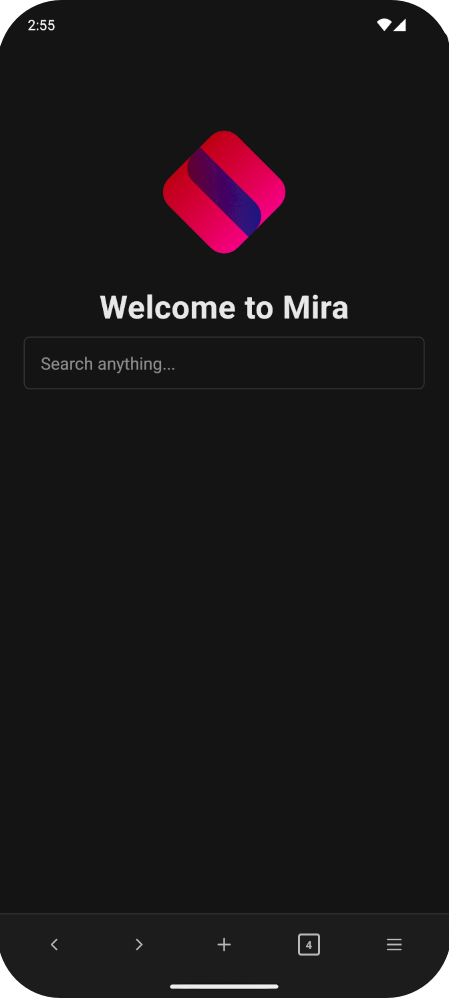 Screenshot of the Mira mobile browser in light mode